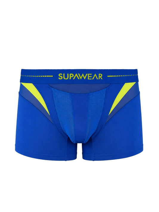 Blue athletic boxer briefs with yellow accents and the brand name SUPAWEAR on the waistband, shown against a plain white background.