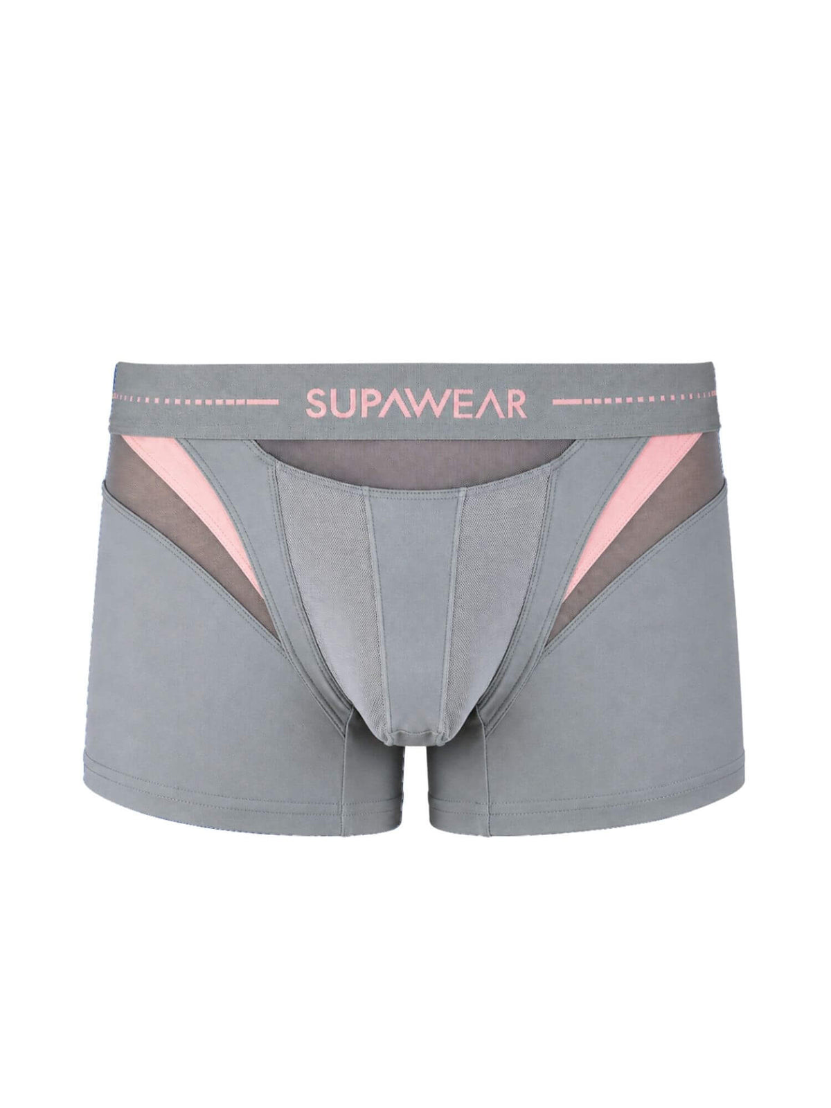 Gray men's boxer briefs with pink and brown geometric side panels and a gray waistband featuring the SUPAWEAR logo in pink.