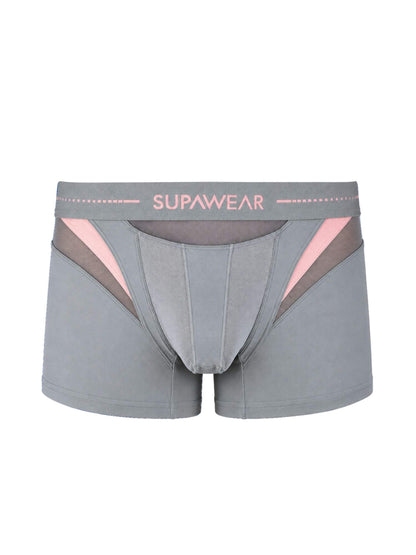 Gray men's boxer briefs with pink and brown geometric side panels and a gray waistband featuring the SUPAWEAR logo in pink.