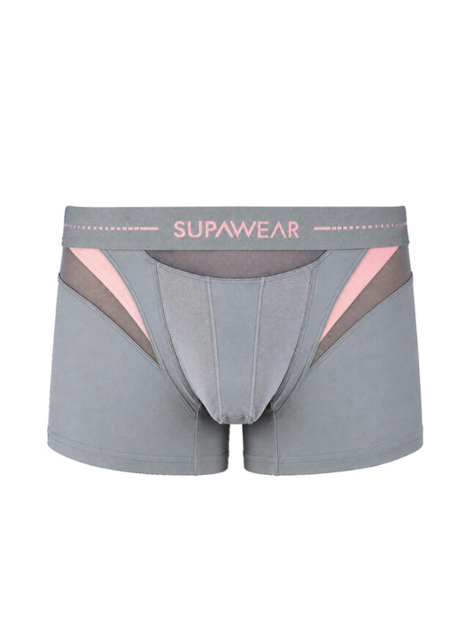 Gray men's boxer briefs with pink and brown geometric side panels and a gray waistband featuring the SUPAWEAR logo in pink.
