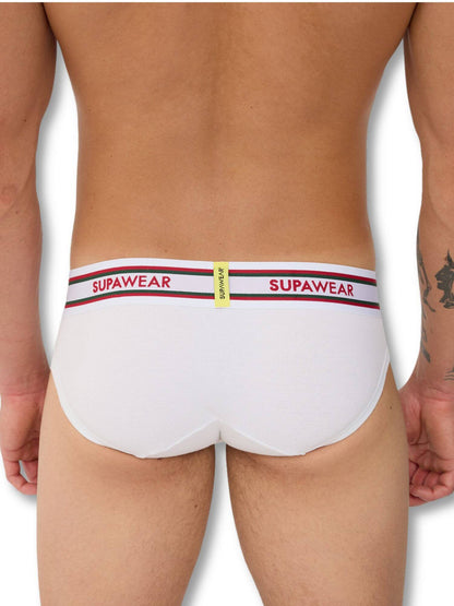 White men's underwear with red and black waistband featuring 'Supawear' brand on a white background.