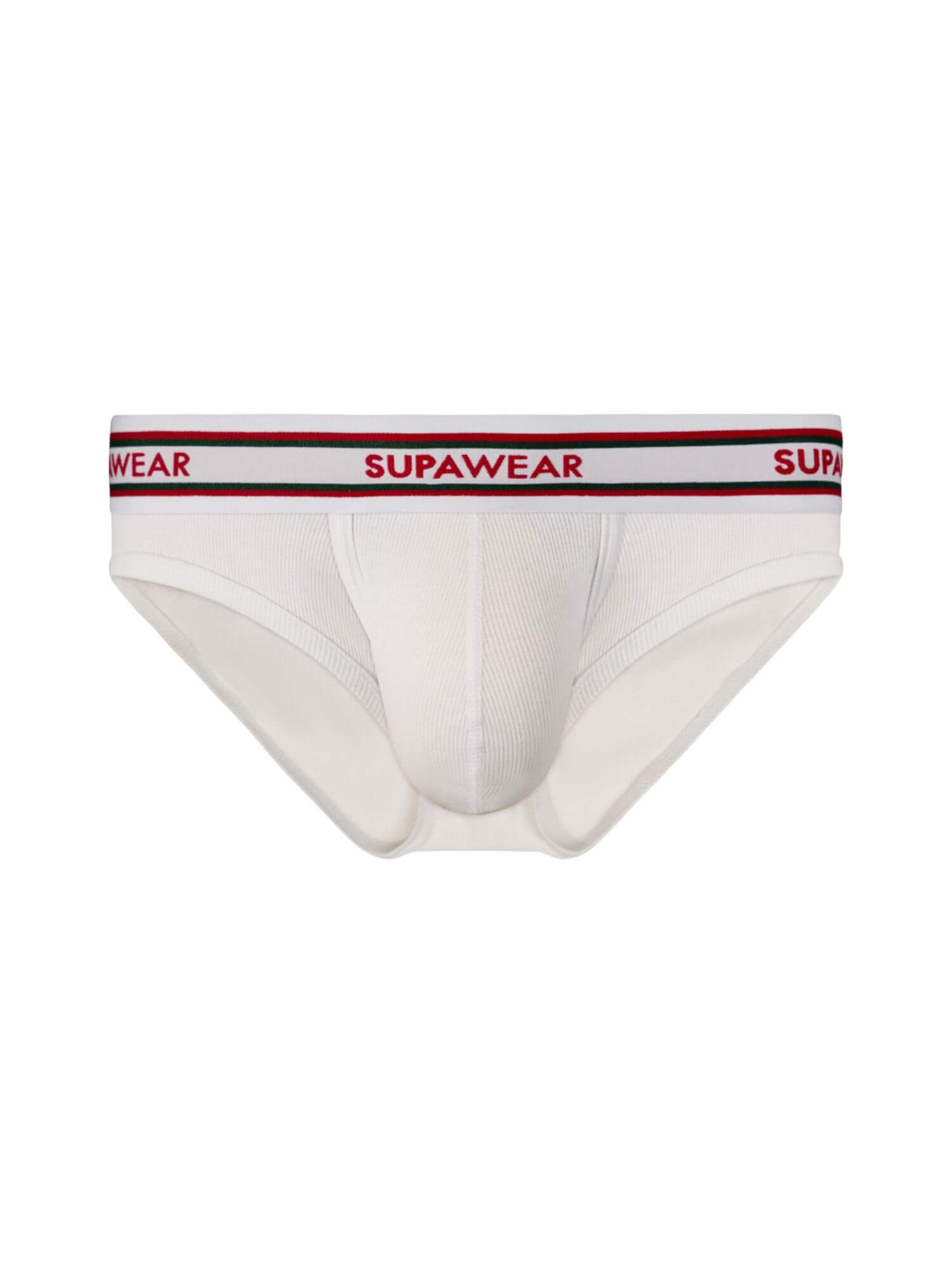 White men's underwear with red and black waistband on a white background