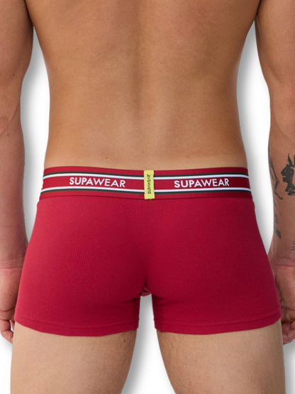 Red boxer briefs with a striped waistband featuring 'Supawear' on a white background.