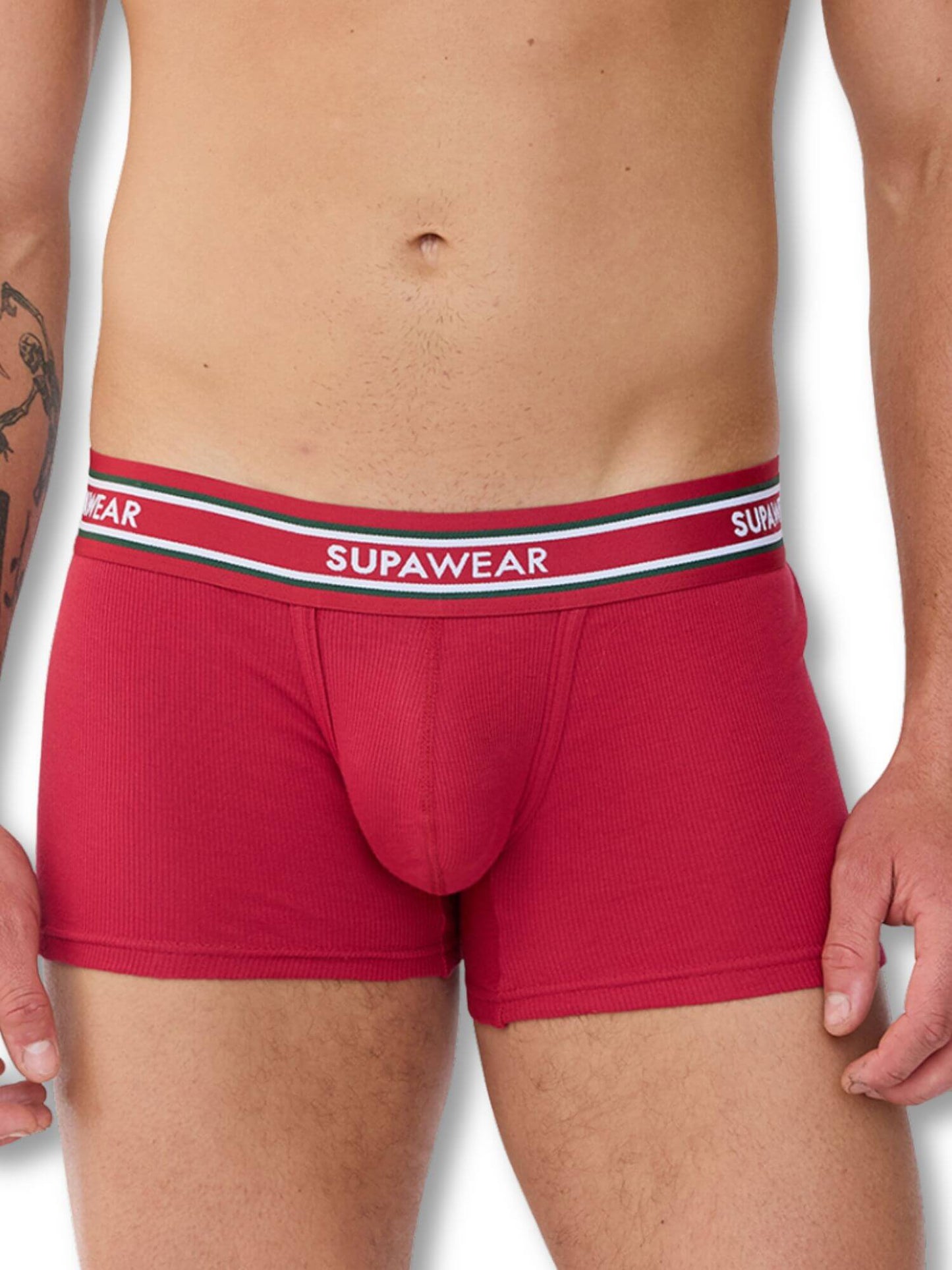 Red boxer briefs with a visible brand logo on a white background