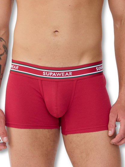 Red boxer briefs with a visible brand logo on a white background