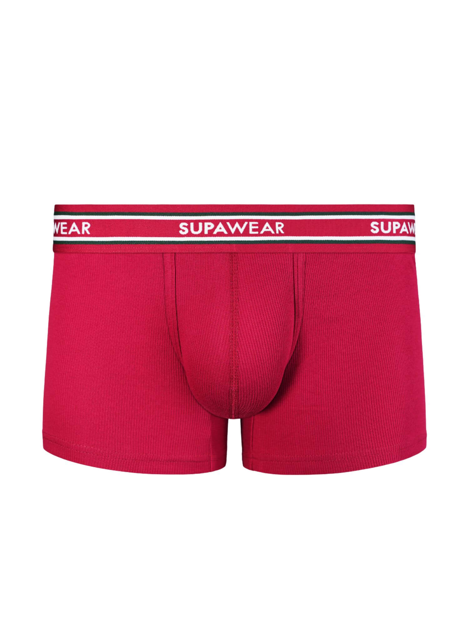 Red boxer briefs with a red waistband featuring 'Supawear' branding on a white background.