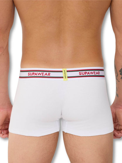 White boxer briefs with a visible brand logo on a white background