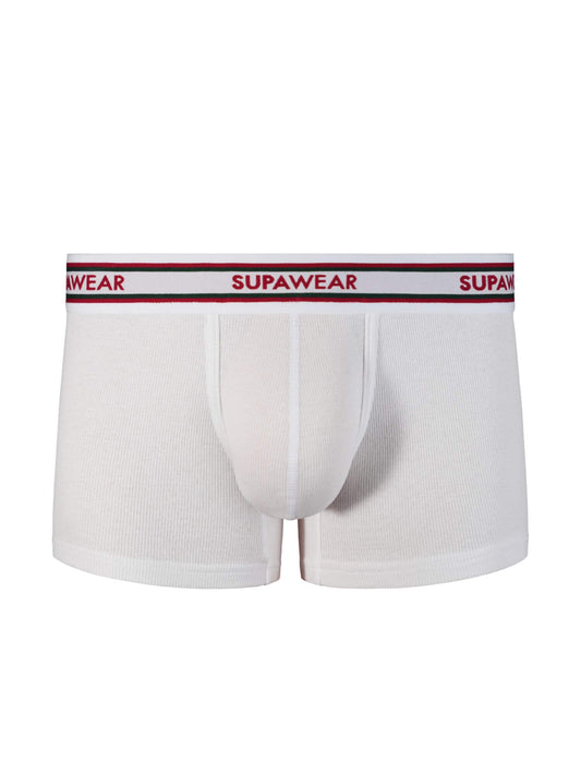 White boxer briefs with red waistband and logo on a white background
