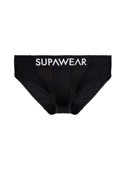 Black briefs with 'SUPAWEAR' branding on a white background