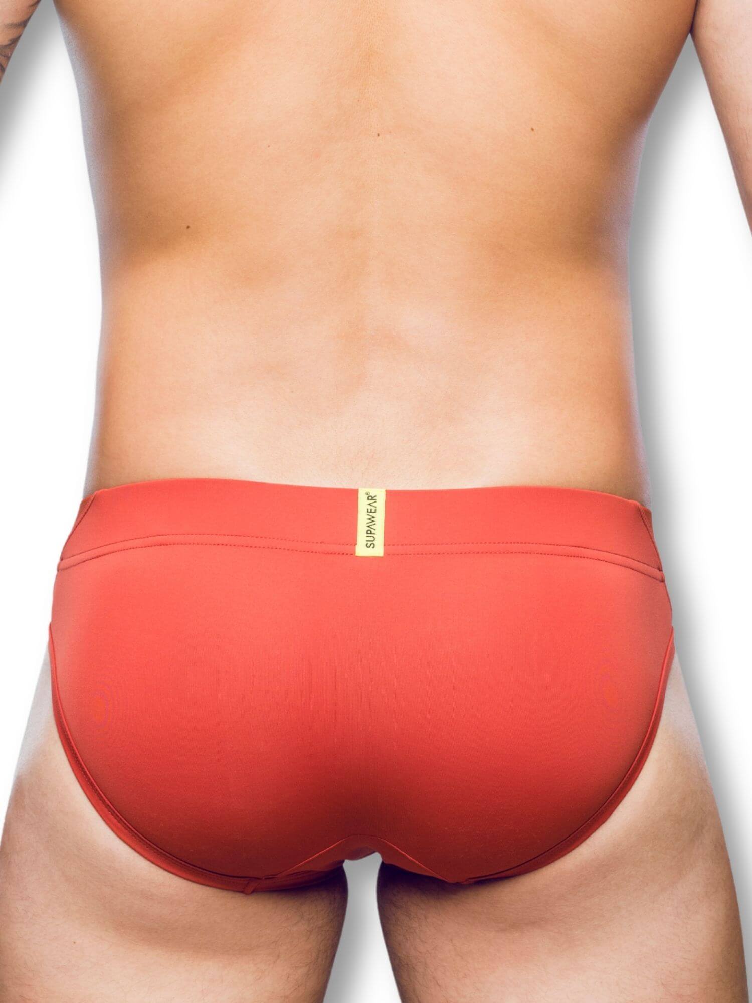 Red men's underwear with a brand logo on a white background