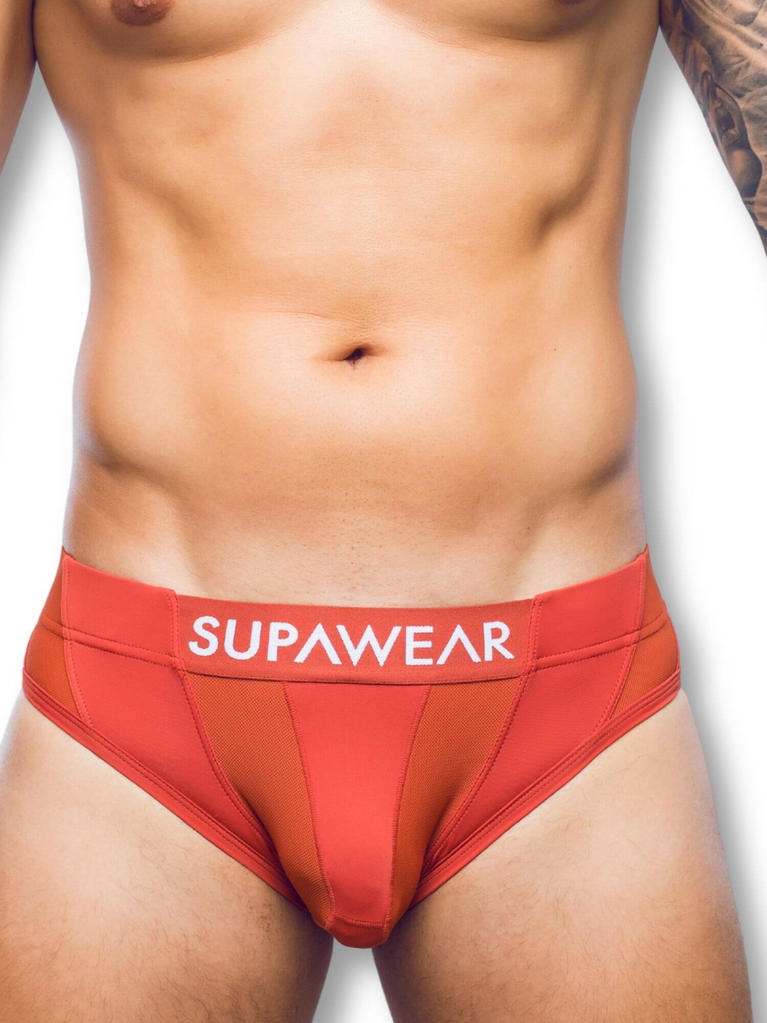 Red men's underwear with 'SUPAWEAR' branding on a white background