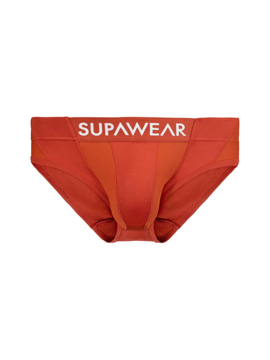 Red men's underwear with 'Supawear' branding on a white background