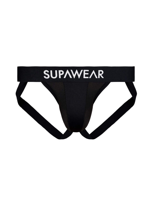Black men's underwear with 'SUPAWEAR' branding on a white background