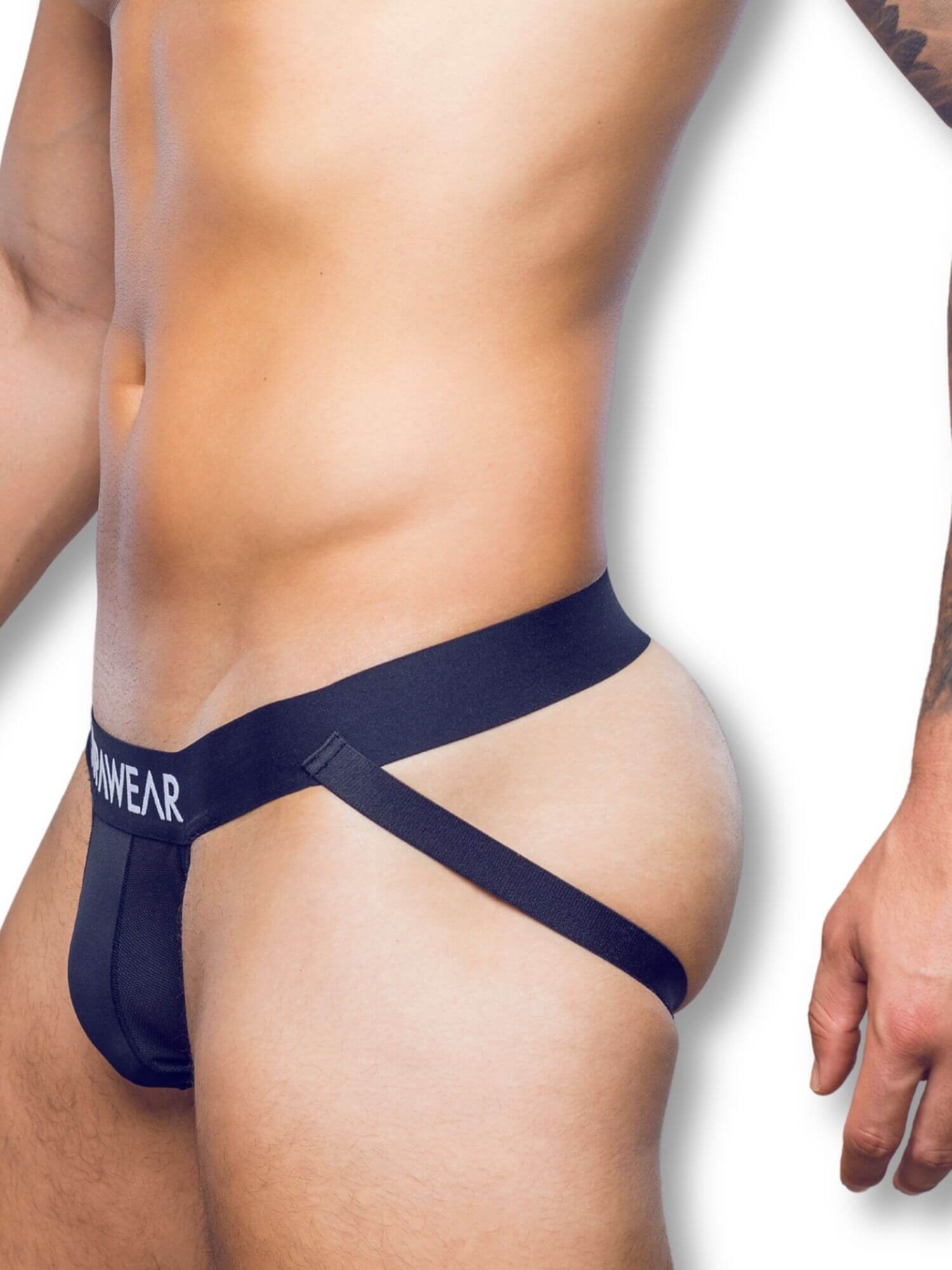black underwear with brand logo on a white background