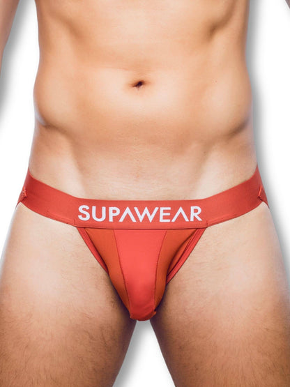 Red men's underwear with 'Supawear' branding on a white background