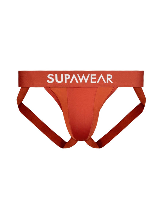 Red men's underwear with 'Supawear' branding on a white background