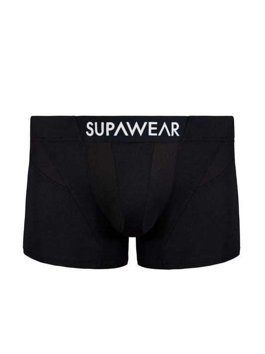 Black boxer briefs with 'Supawear' branding on a white background