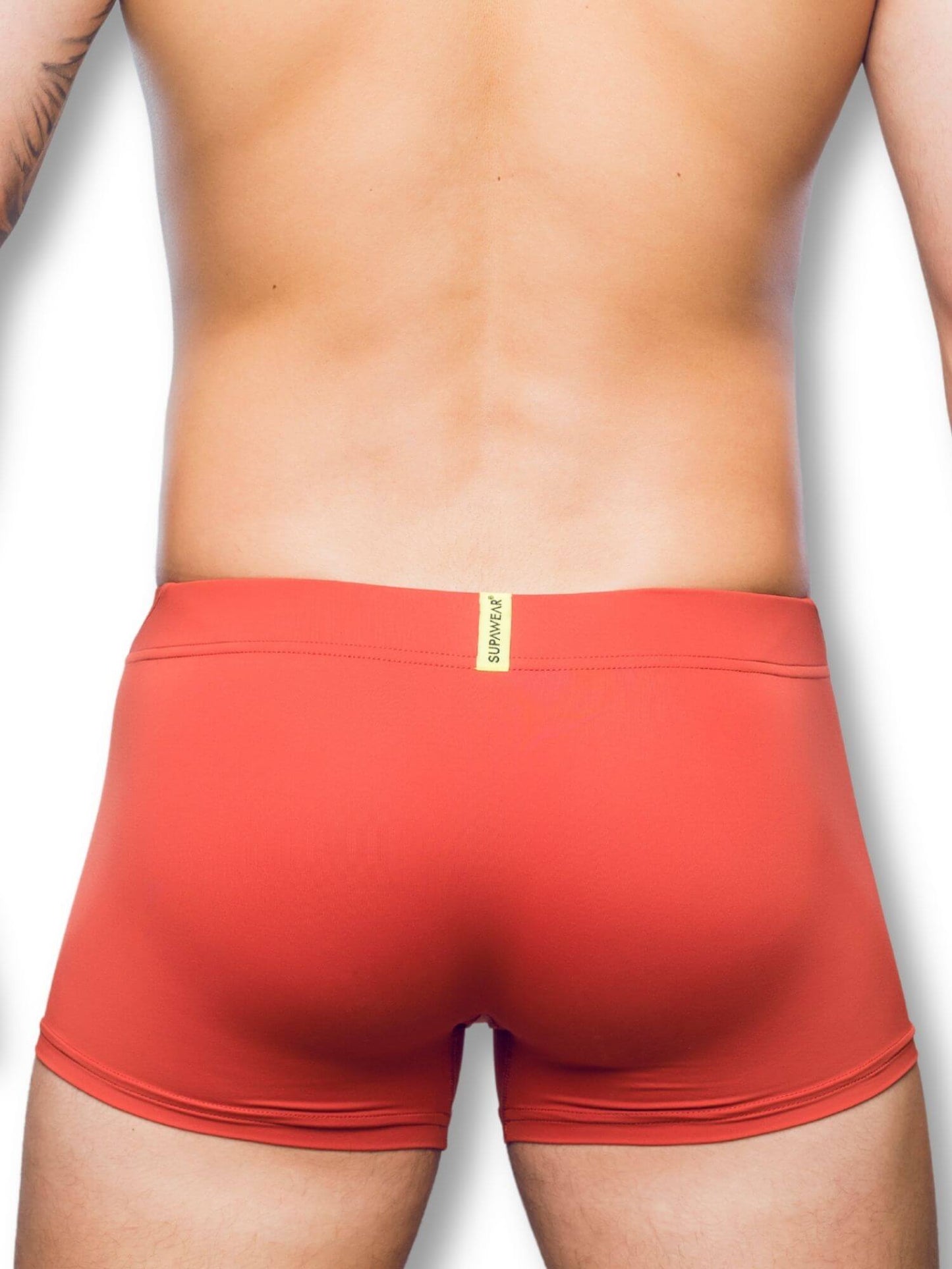 Red boxer briefs with a brand logo on a white background