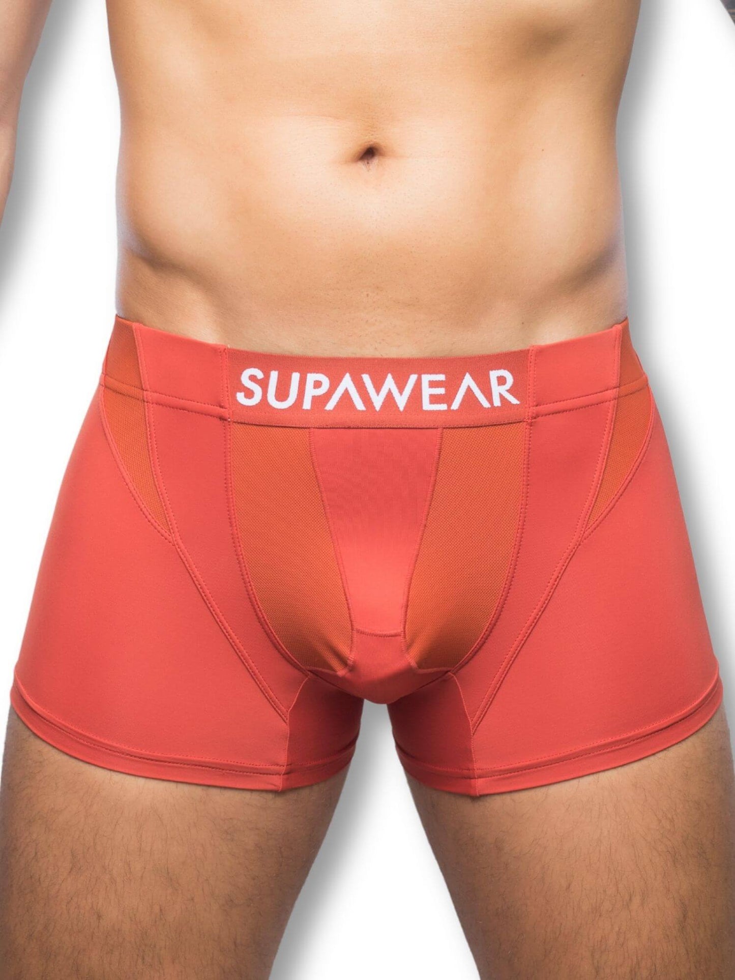 Red boxer briefs with 'Supawear' branding on a white background