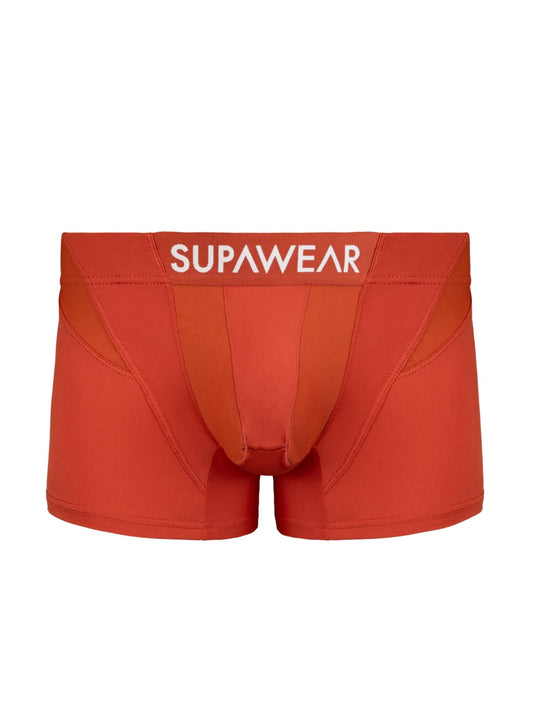 Red boxer briefs with 'Supawear' branding on a white background