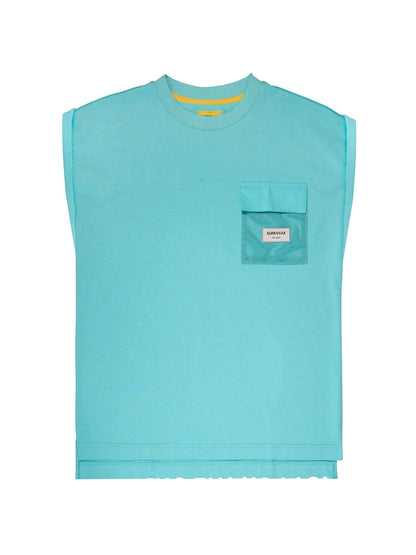 Turquoise sleeveless shirt with a pocket on a white background