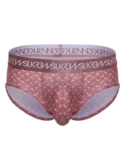 Men's underwear with a patterned design and visible brand logo on a white background