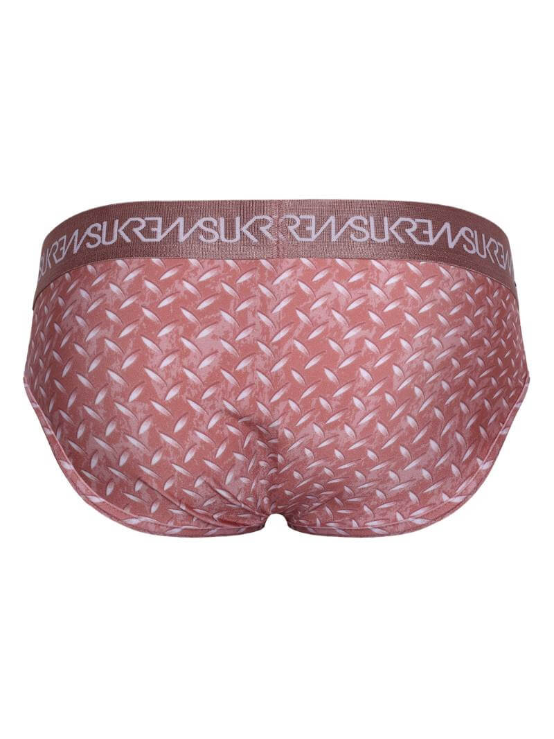 Red patterned underwear with a brown waistband on a white background
