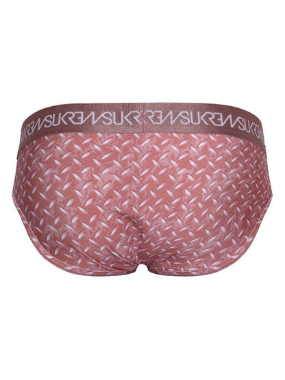 Red patterned underwear with a brown waistband on a white background