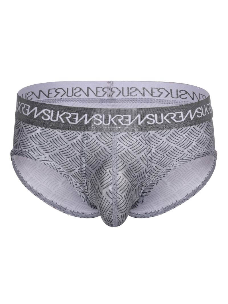 Gray boxer briefs with a subtle pattern on a white background