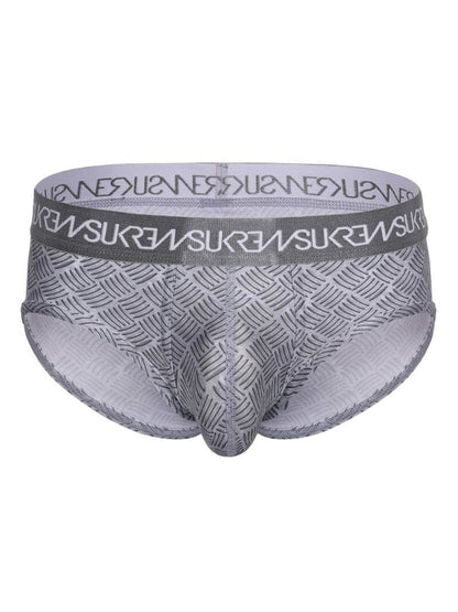 Gray boxer briefs with a subtle pattern on a white background