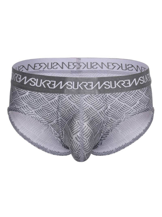 Gray boxer briefs with a subtle pattern on a white background