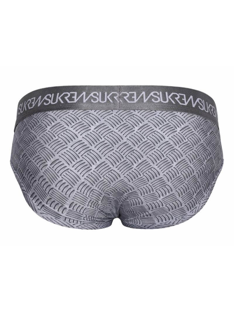 Gray patterned underwear with brand logo on a white background