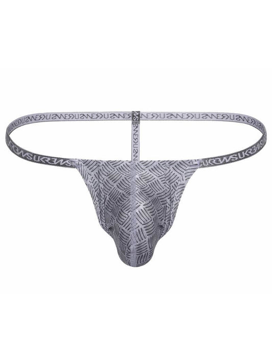 Gray men's thong with geometric pattern on a white background