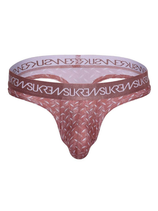 Red men's underwear with a patterned waistband on a white background
