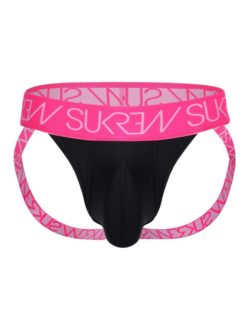 Black men's underwear with pink waistband featuring 'Sukrew' branding on a white background.