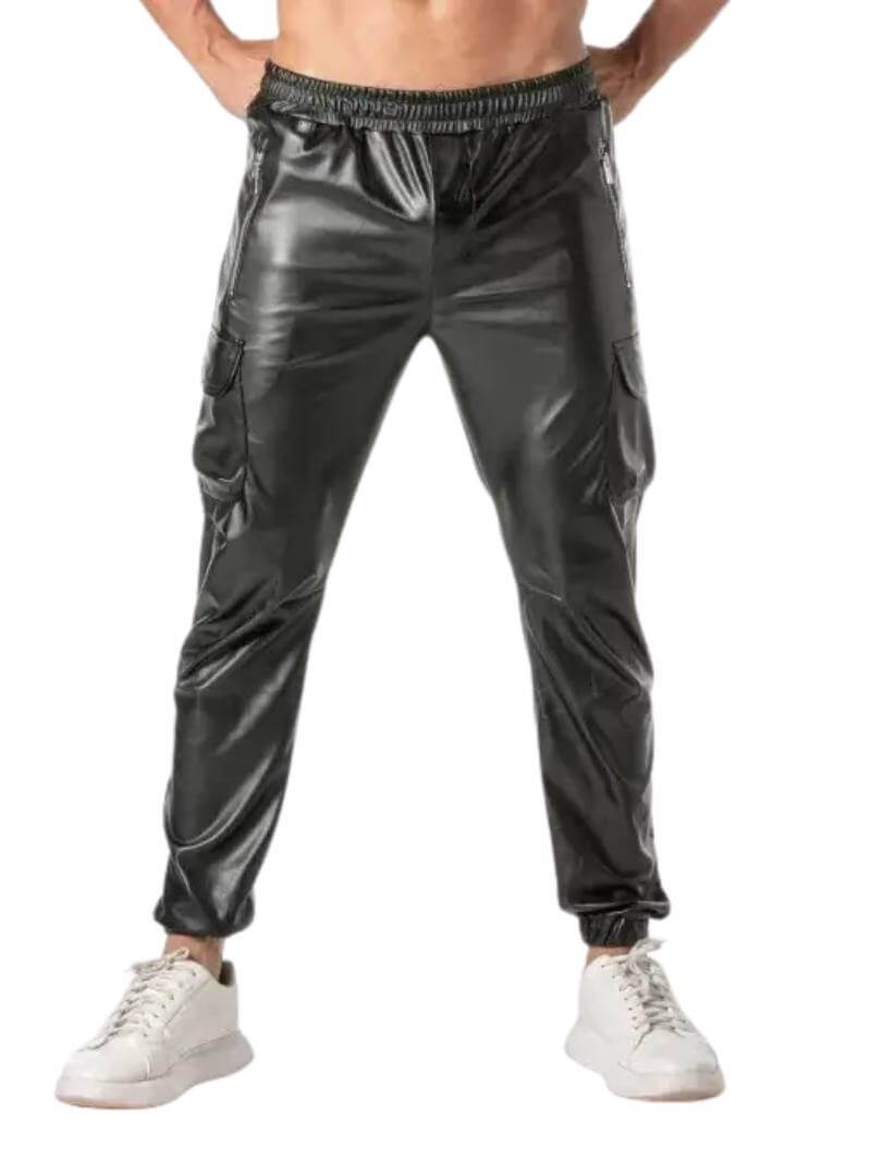 Kinky Leather Look Cargo Sweat Pants