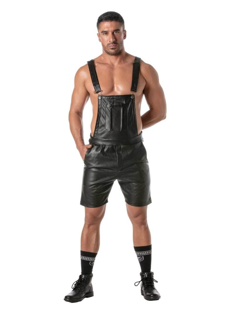 Kinky Leather Look Mid Thigh Short Dungarees
