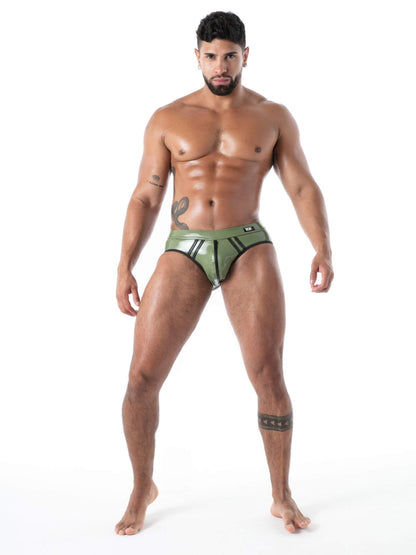 Man wearing green underwear on a white background