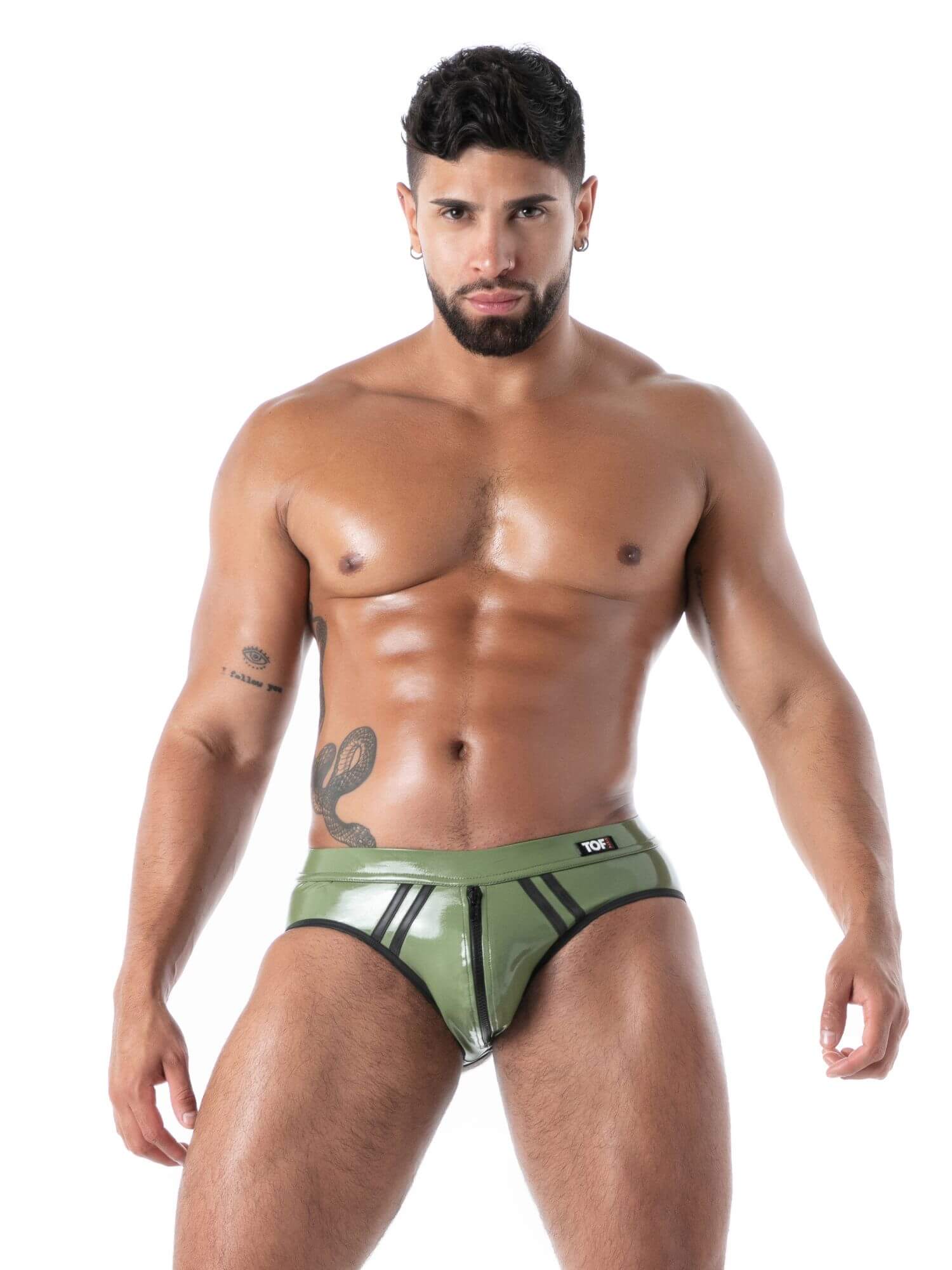 Man wearing green underwear on a white background