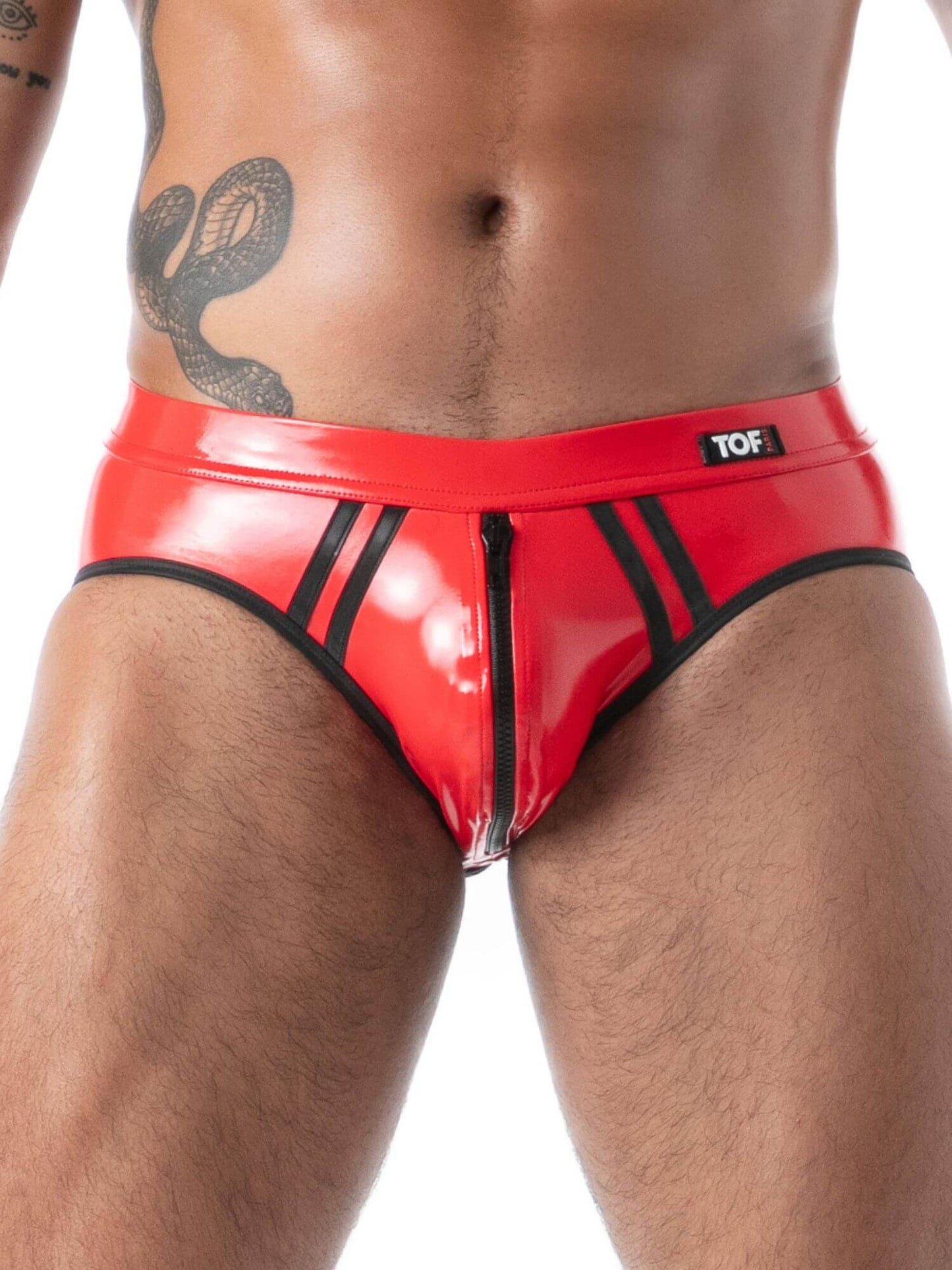 Red men's underwear with a brand logo on a white background