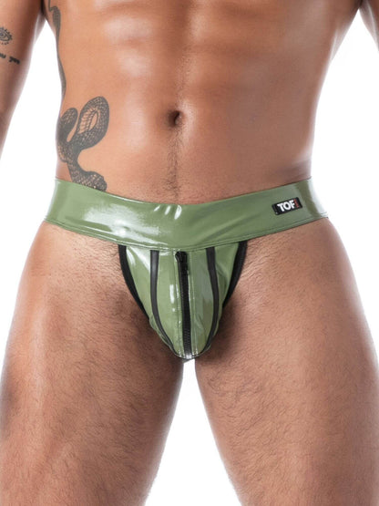 Green men's underwear with striped design on a white background