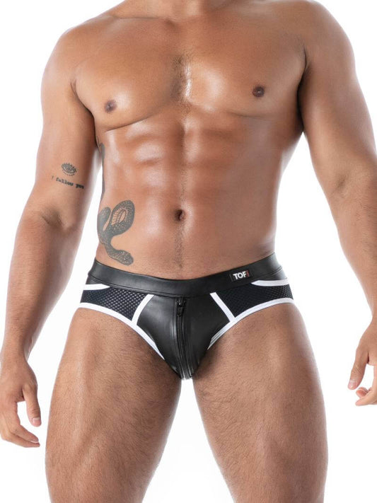 Man wearing a black and white men's underwear with 'TOI' branding on a white background