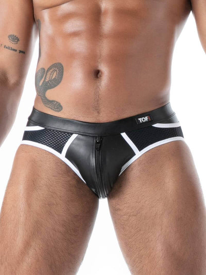 Black men's leather underwear with white accents on a white background
