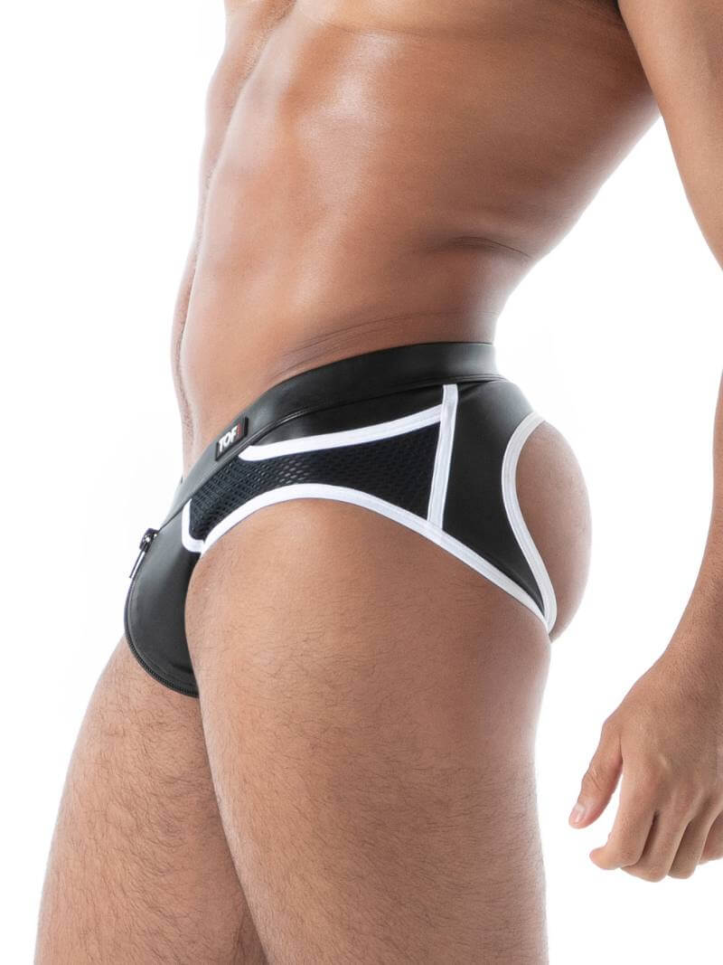 Black men's leatherette underwear with white accents on a white background