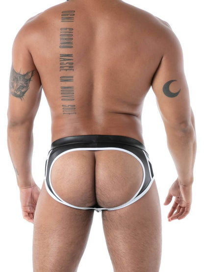 Man wearing a black leather bottomless brief