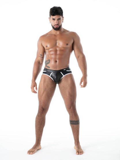Man wearing black underwear on a white background