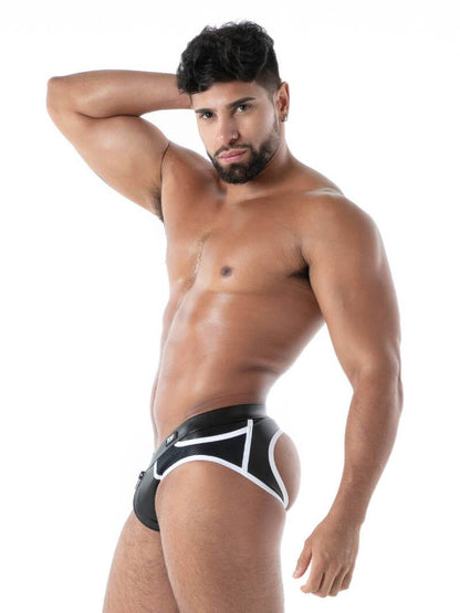 Man wearing black and white men's underwear on a white background
