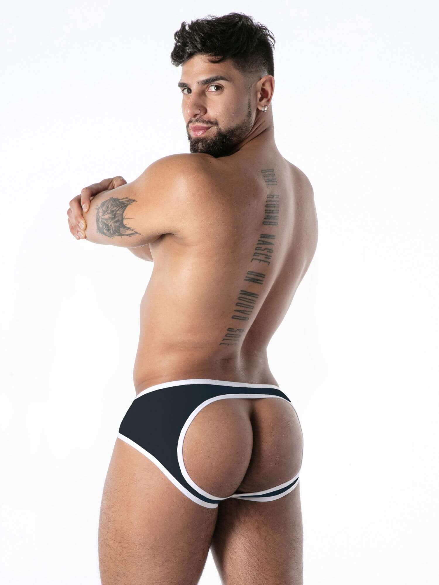 Man wearing a black and white men's underwear on a white background