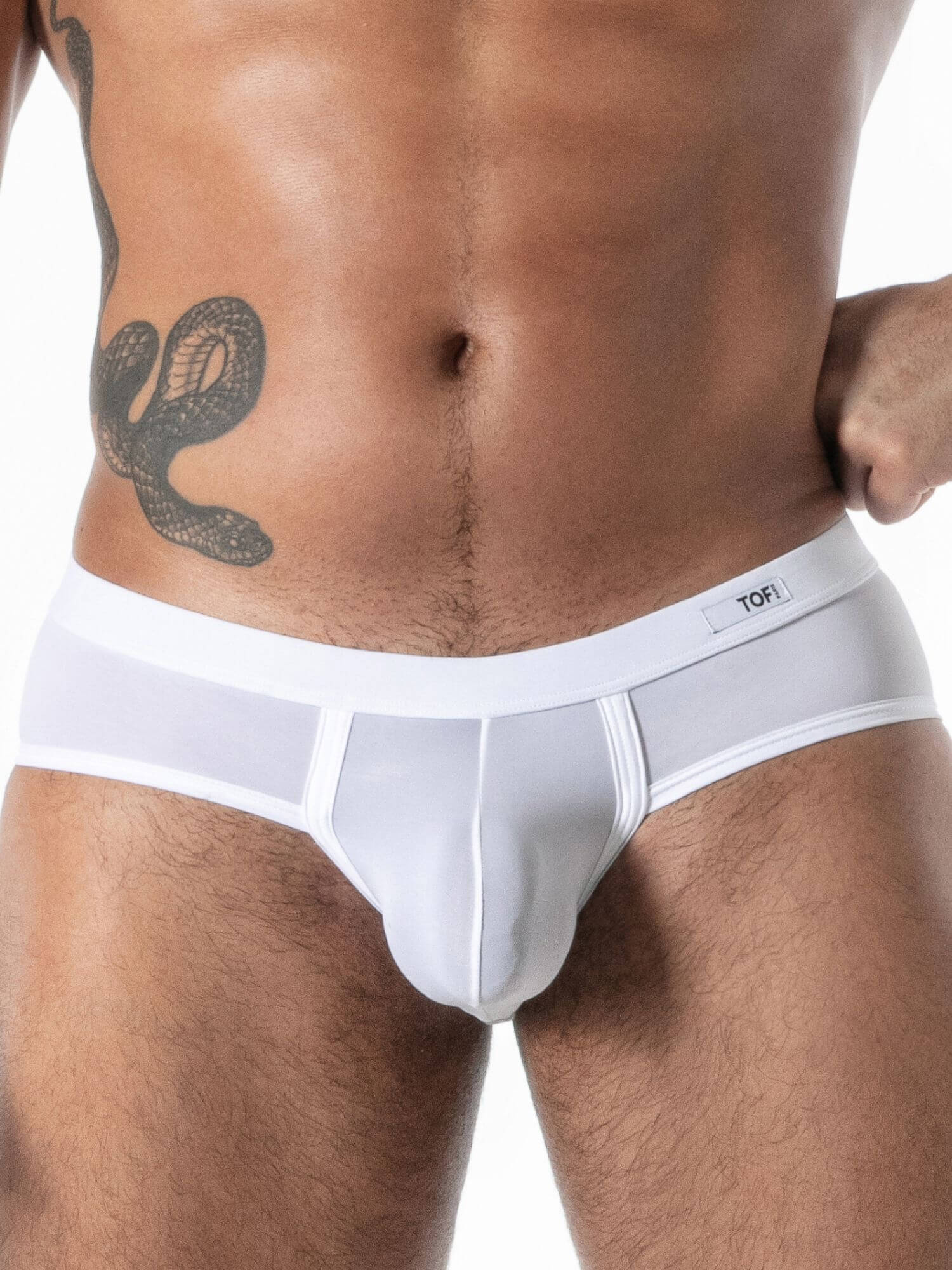 White men's underwear with brand logo on a white background