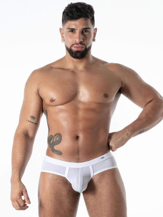Man wearing a white underwear on a white background